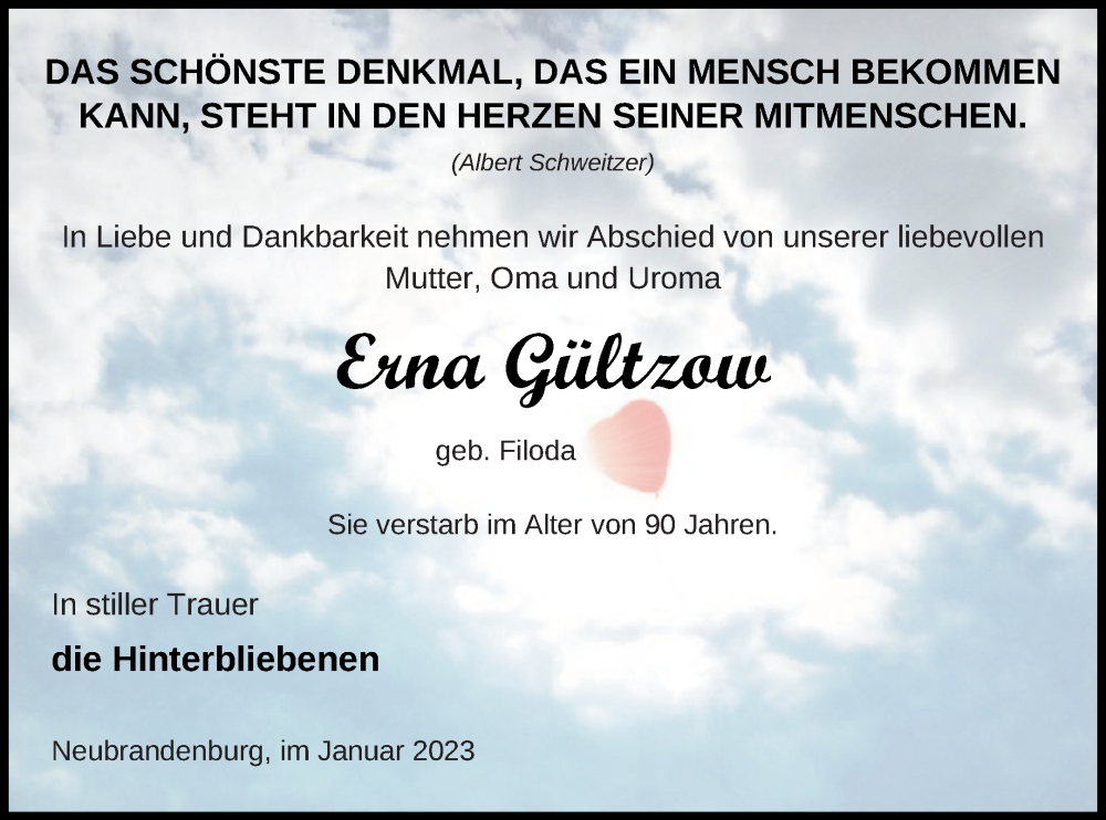  Traueranzeige für Erna Gültzow vom 24.01.2023 aus Neubrandenburger Zeitung