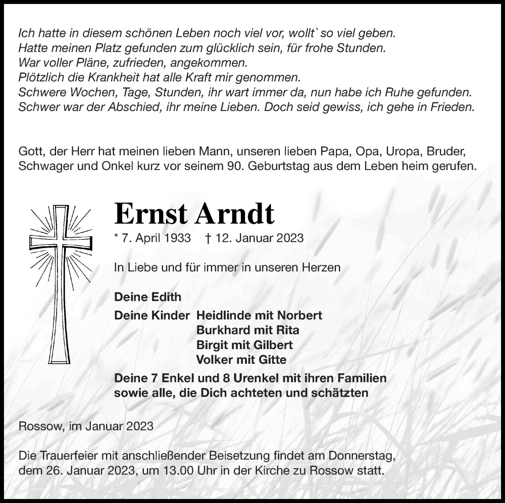  Traueranzeige für Ernst Arndt vom 21.01.2023 aus Neubrandenburger Zeitung