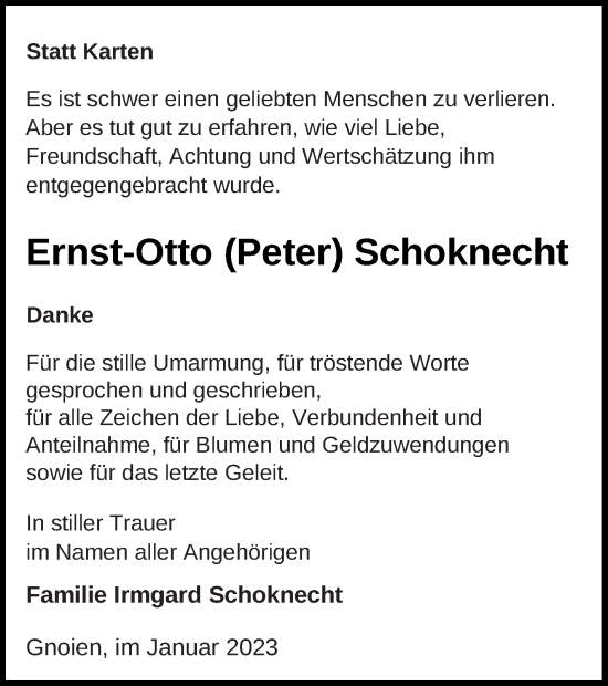 Traueranzeige von Ernst-Otto Schoknecht von Mecklenburger Schweiz