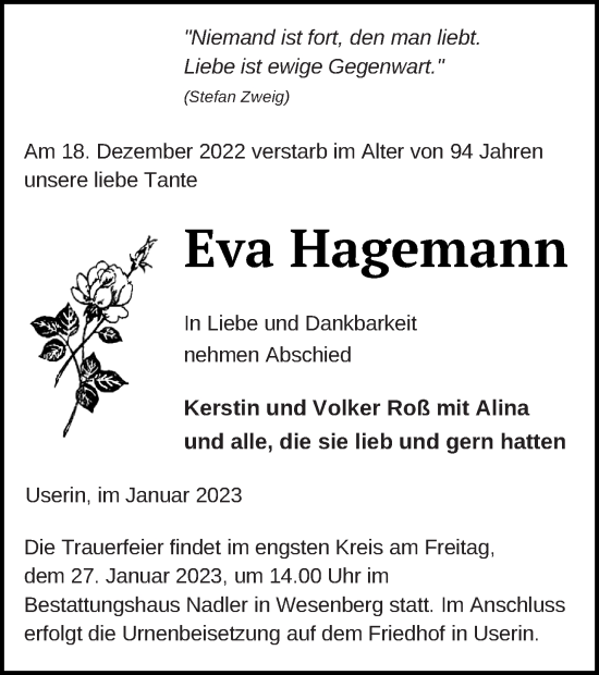 Traueranzeige von Eva Hagemann von Strelitzer Zeitung