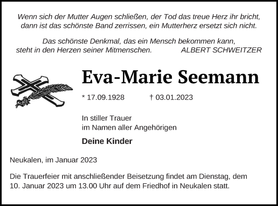 Traueranzeige von Eva-Marie Seemann von Mecklenburger Schweiz