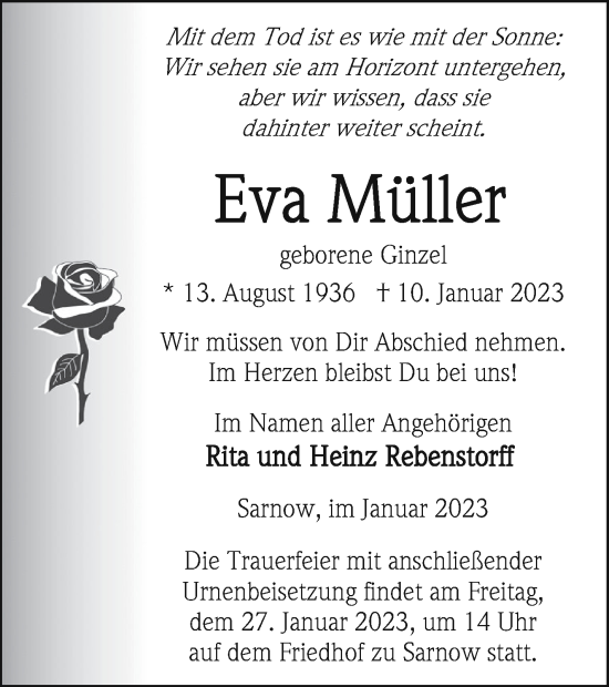 Traueranzeige von Eva Müller von Vorpommern Kurier