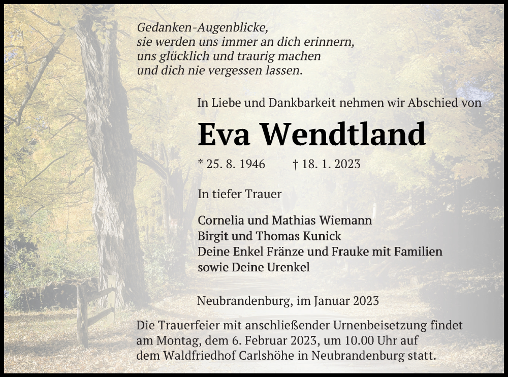  Traueranzeige für Eva Wendtland vom 25.01.2023 aus Neubrandenburger Zeitung