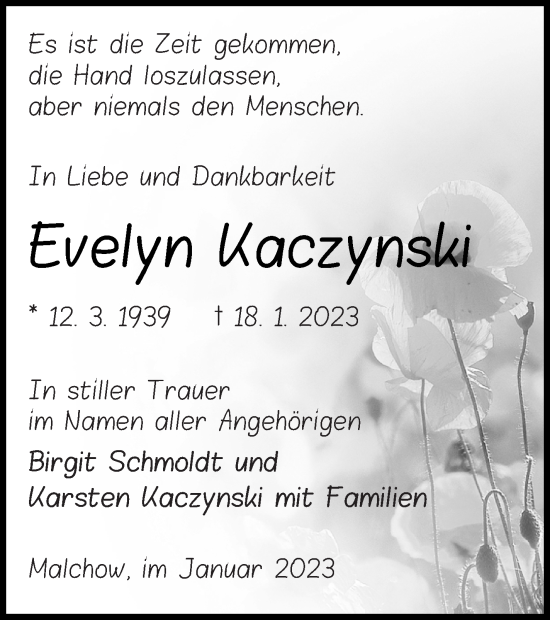 Traueranzeige von Evelyn Kaczynski von Müritz-Zeitung