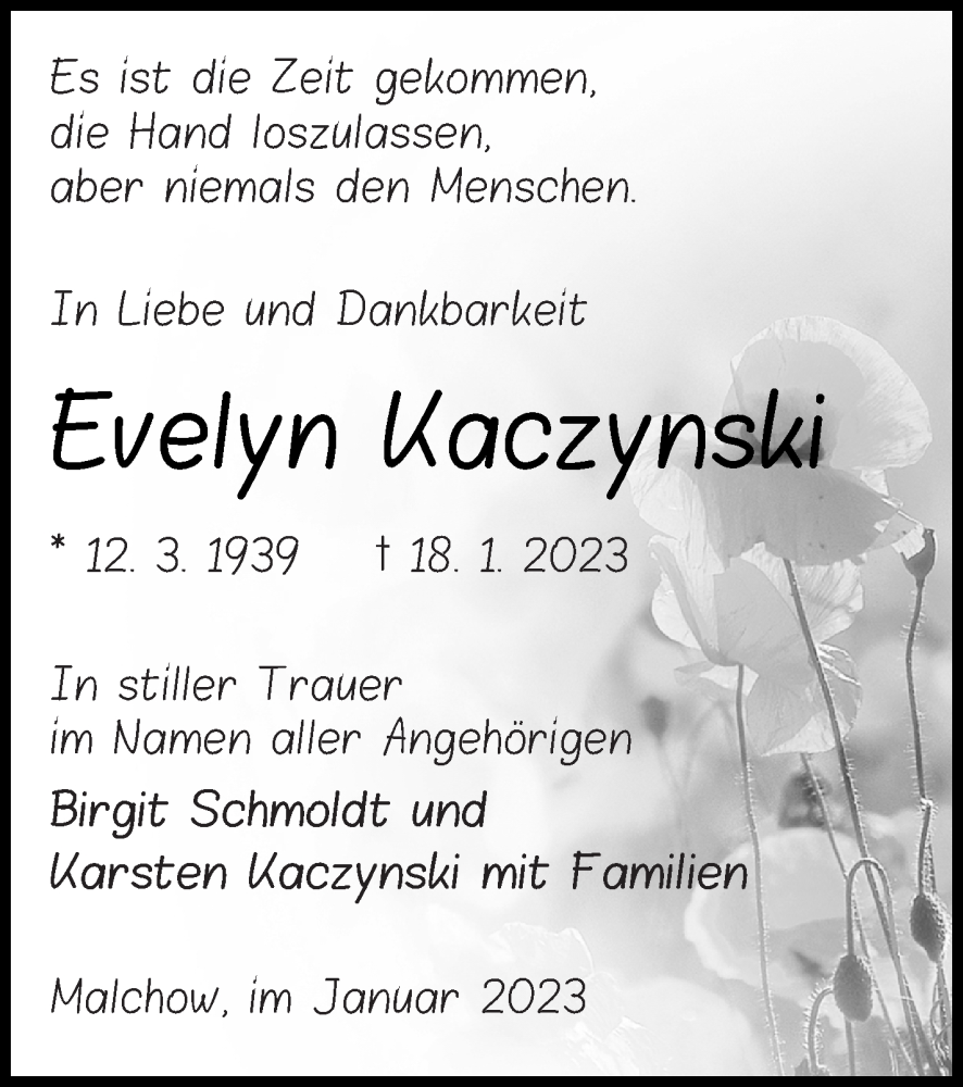  Traueranzeige für Evelyn Kaczynski vom 21.01.2023 aus Müritz-Zeitung