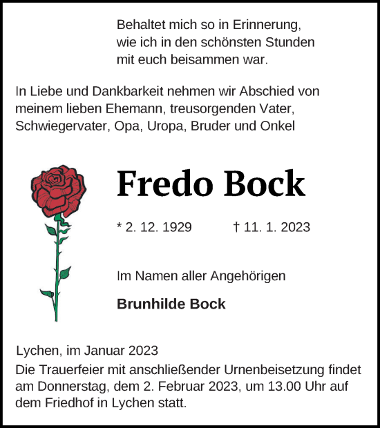 Traueranzeige von Fredo Bock von Templiner Zeitung