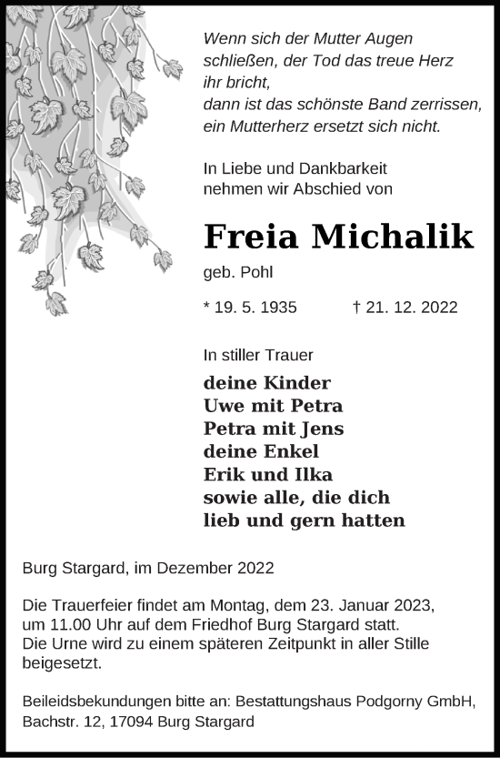 Traueranzeige von Freia Michalik von Neubrandenburger Zeitung