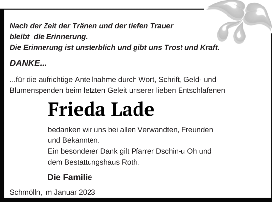 Traueranzeige von Frieda Lade von Prenzlauer Zeitung