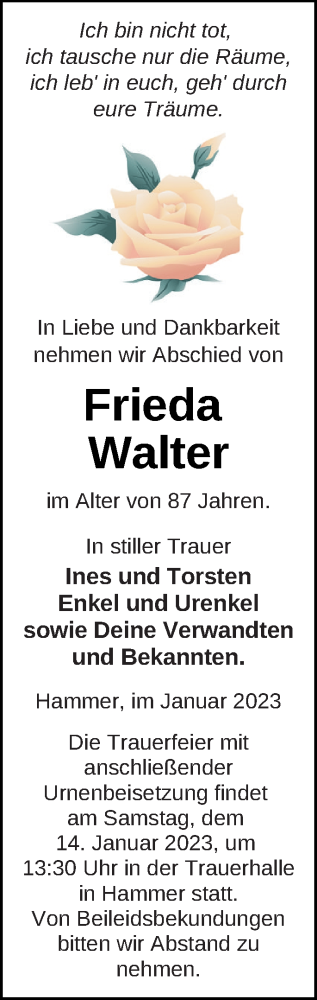 Traueranzeige von Frieda Walter von Haff-Zeitung