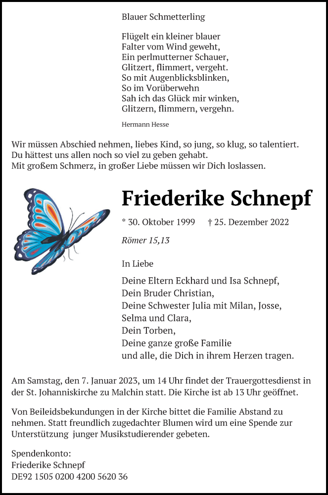  Traueranzeige für Friederike Schnepf vom 04.01.2023 aus Mecklenburger Schweiz