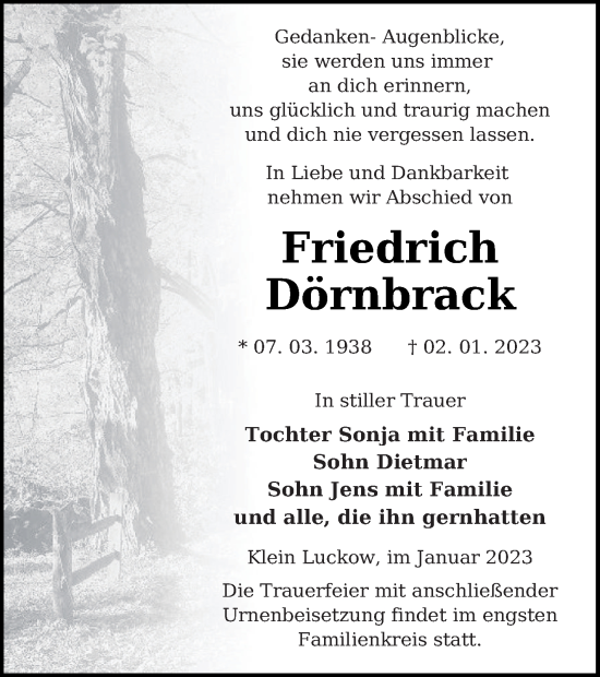 Traueranzeige von Friedrich Dörnbrack von Pasewalker Zeitung