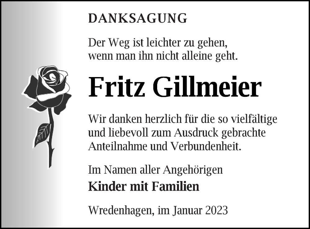  Traueranzeige für Fritz Gillmeier vom 14.01.2023 aus Müritz-Zeitung