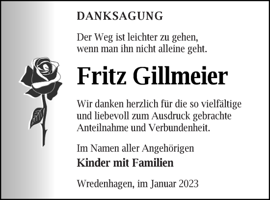 Traueranzeige von Fritz Gillmeier von Müritz-Zeitung