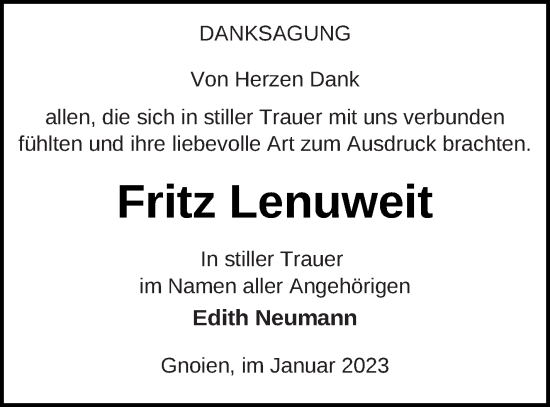 Traueranzeige von Fritz Lenuweit von Mecklenburger Schweiz