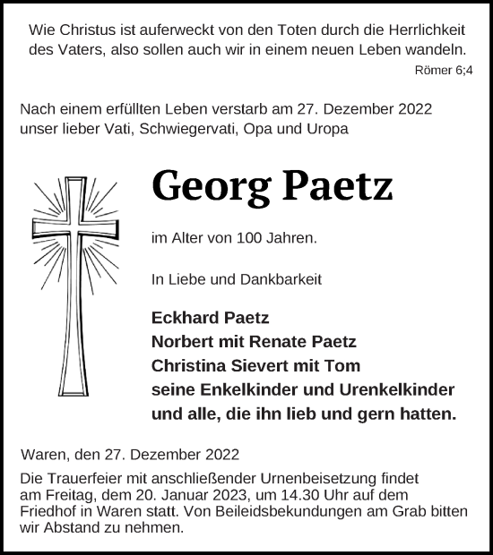 Traueranzeige von Georg Paetz von Müritz-Zeitung