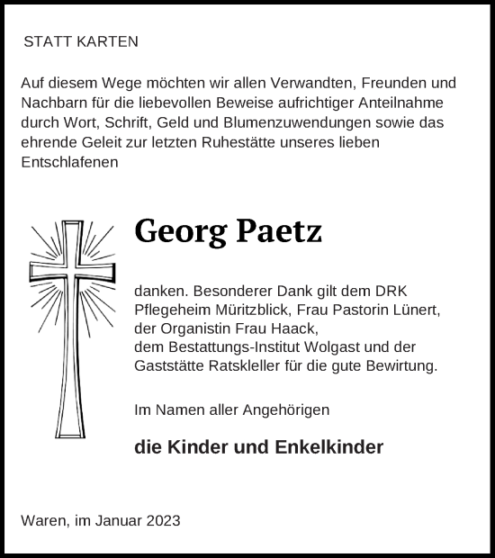 Traueranzeige von Georg Paetz von Müritz-Zeitung