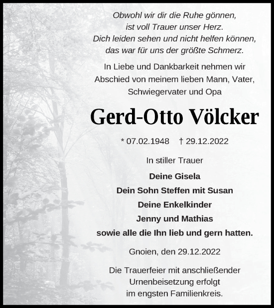 Traueranzeige von Gerd-Otto Völcker von Mecklenburger Schweiz