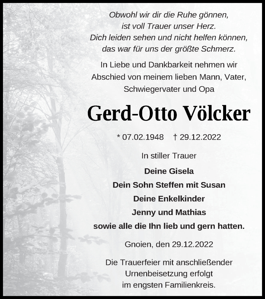  Traueranzeige für Gerd-Otto Völcker vom 06.01.2023 aus Mecklenburger Schweiz