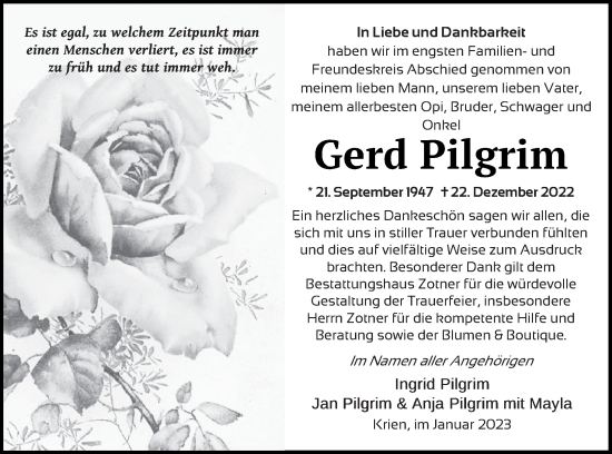 Traueranzeige von Gerd Pilgrim von Vorpommern Kurier