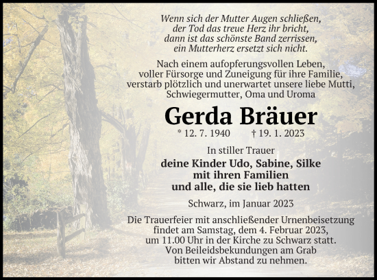 Traueranzeige von Gerda Bräuer von Strelitzer Zeitung