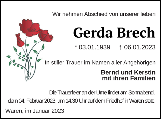 Traueranzeige von Gerda Brech von Müritz-Zeitung