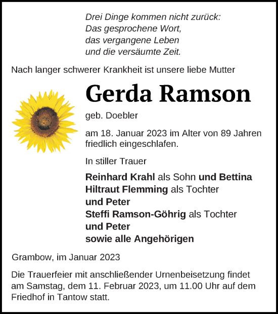 Traueranzeige von Gerda Ramson von Pasewalker Zeitung