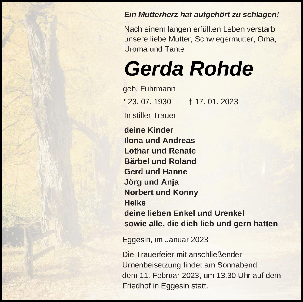  Traueranzeige für Gerda Rohde vom 27.01.2023 aus Haff-Zeitung