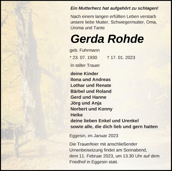 Traueranzeige von Gerda Rohde von Haff-Zeitung