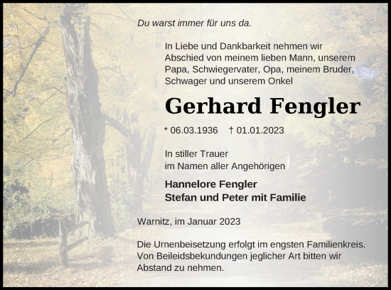 Traueranzeige von Gerhard Fengler von Prenzlauer Zeitung