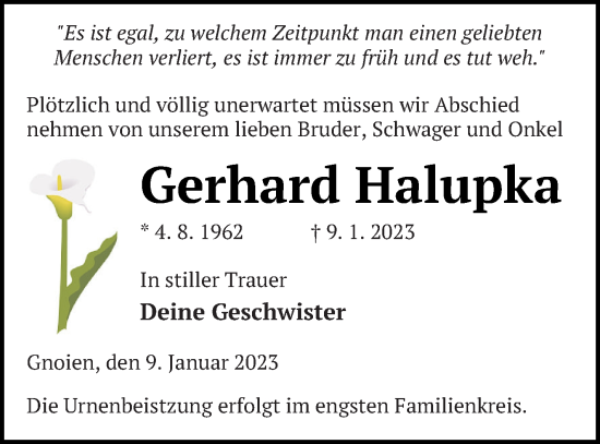 Traueranzeige von Gerhard Halupka von Mecklenburger Schweiz