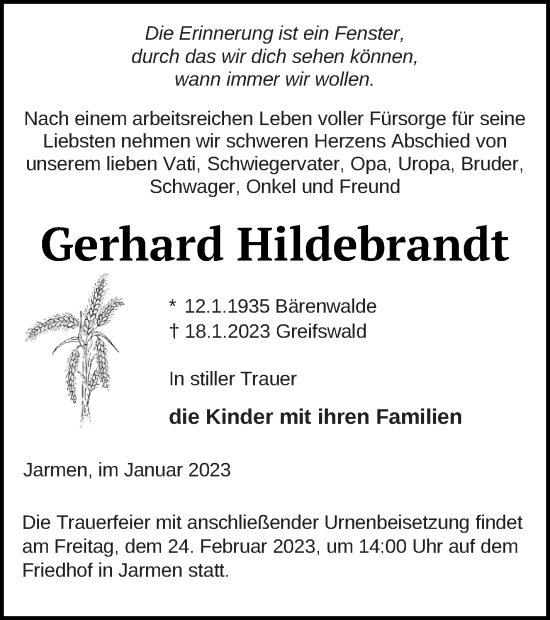 Traueranzeige von Gerhard Hildebrandt von Vorpommern Kurier