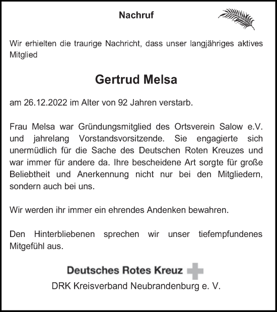 Traueranzeige von Gertrud Melsa von Neubrandenburger Zeitung