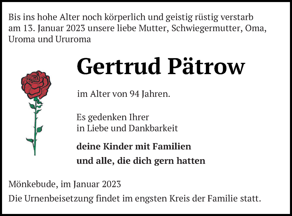  Traueranzeige für Gertrud Pätrow vom 20.01.2023 aus Haff-Zeitung