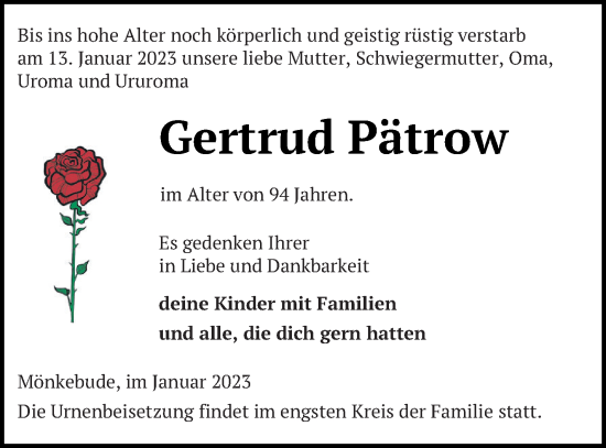 Traueranzeige von Gertrud Pätrow von Haff-Zeitung