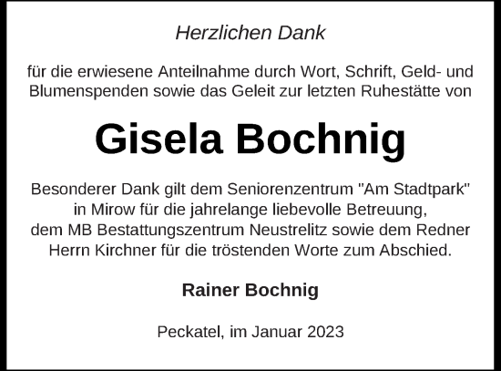 Traueranzeige von Gisela Bochnig von Strelitzer Zeitung