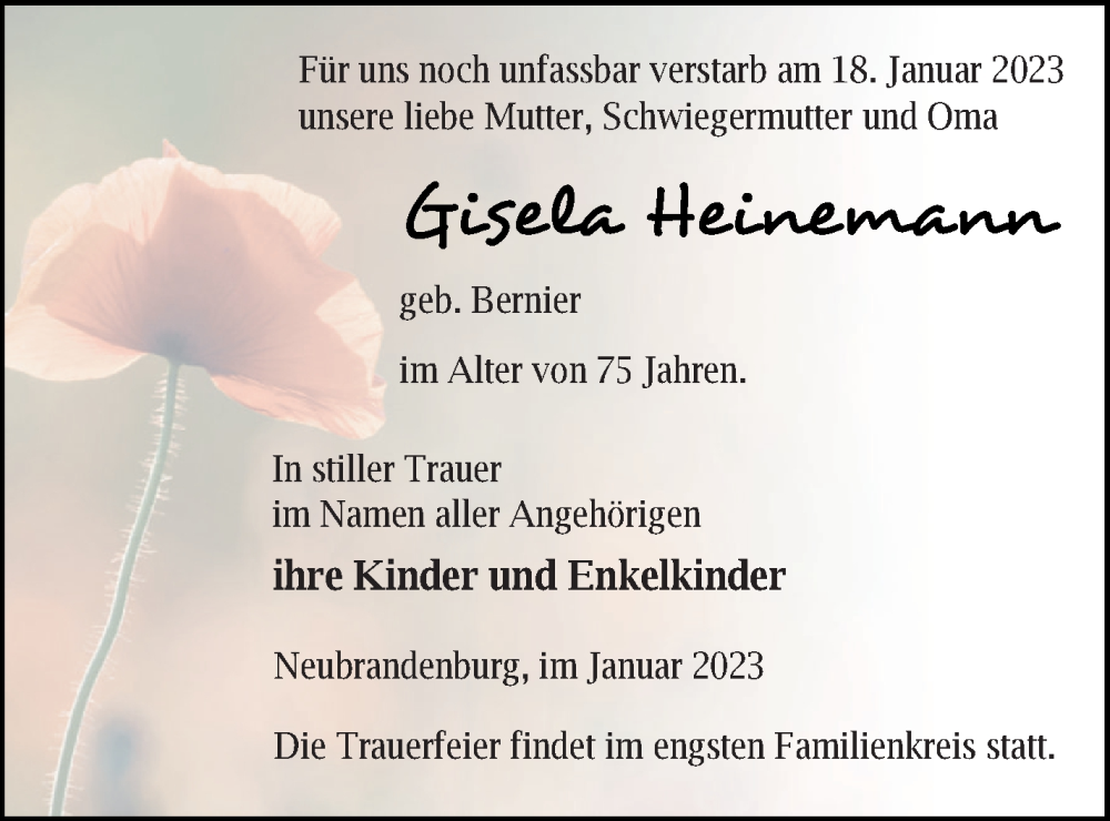 Traueranzeige für Gisela Heinemann vom 21.01.2023 aus Neubrandenburger Zeitung