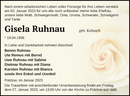 Traueranzeige von Gisela Ruhnau von Prenzlauer Zeitung