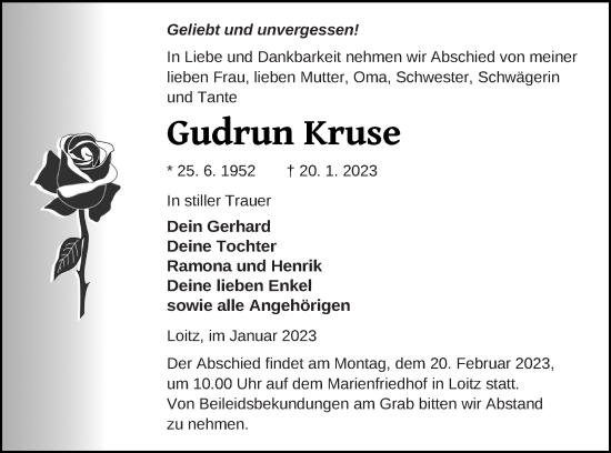 Traueranzeige von Gudrun Kruse von Vorpommern Kurier