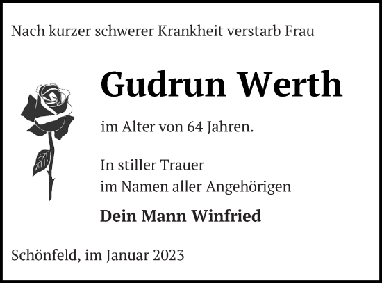 Traueranzeige von Gudrun Werth von Vorpommern Kurier