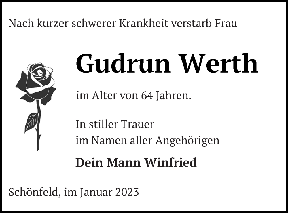  Traueranzeige für Gudrun Werth vom 25.01.2023 aus Vorpommern Kurier