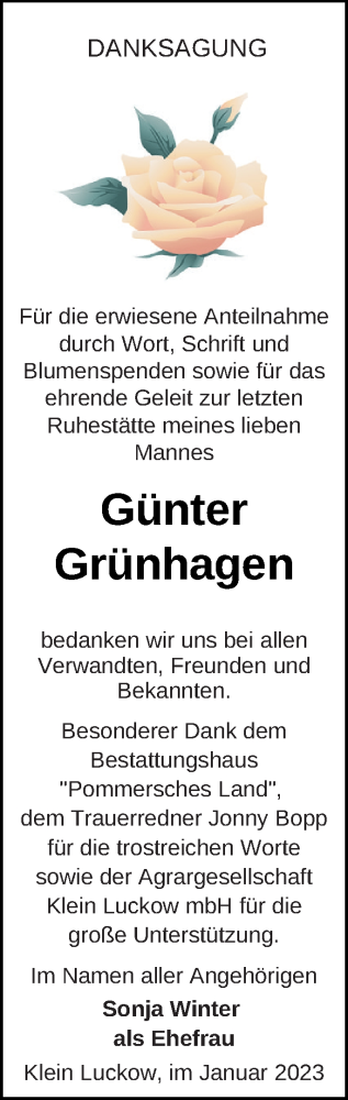 Traueranzeige von Günter Grünhagen von Pasewalker Zeitung