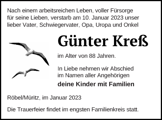 Traueranzeige von Günter Kreß von Müritz-Zeitung