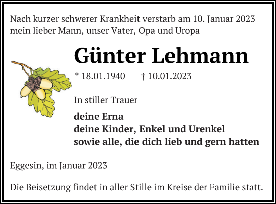 Traueranzeige von Günter Lehmann von Haff-Zeitung