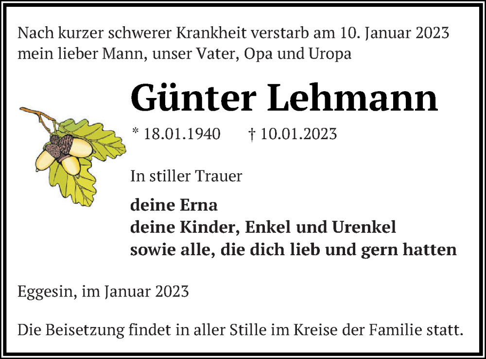  Traueranzeige für Günter Lehmann vom 20.01.2023 aus Haff-Zeitung