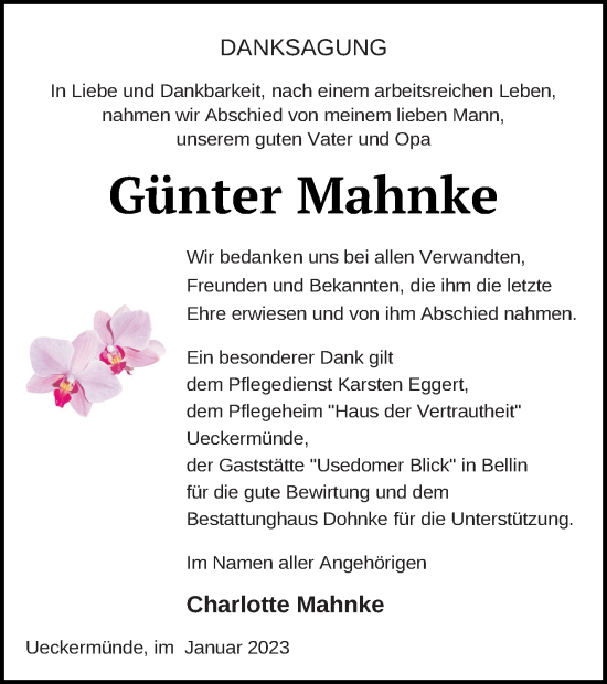 Traueranzeige von Günter Mahnke von Haff-Zeitung