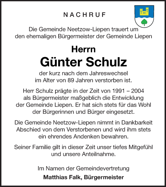 Traueranzeige von Günter Schulz von Vorpommern Kurier