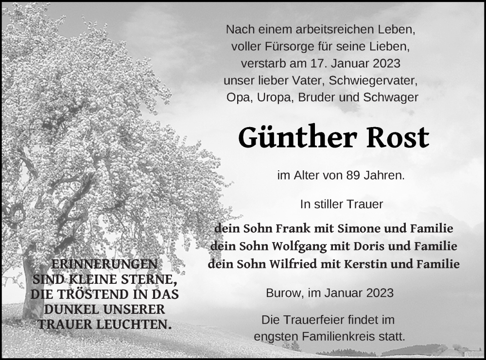  Traueranzeige für Günther Rost vom 20.01.2023 aus Neubrandenburger Zeitung
