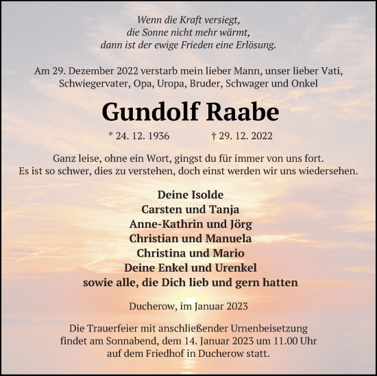 Traueranzeige von Gundolf Raabe von Vorpommern Kurier