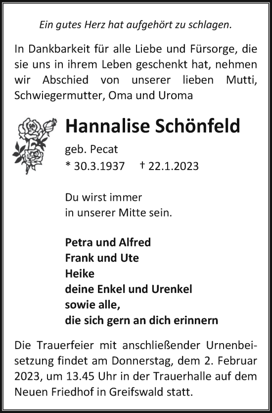 Traueranzeige von Hannalise Schönfeld von Mecklenburger Schweiz