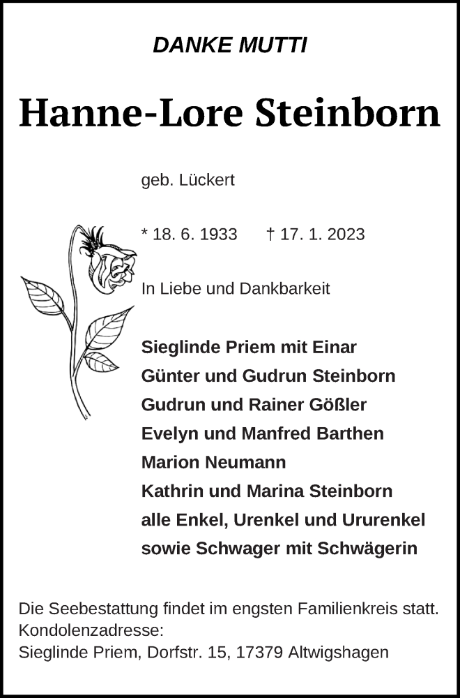  Traueranzeige für Hanne-Lore Steinborn vom 21.01.2023 aus Pasewalker Zeitung